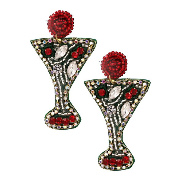 Austrian Crystal Rhinestone Beaded Martini Cocktail Glass Christmas Earrings - Picture 4 of 6